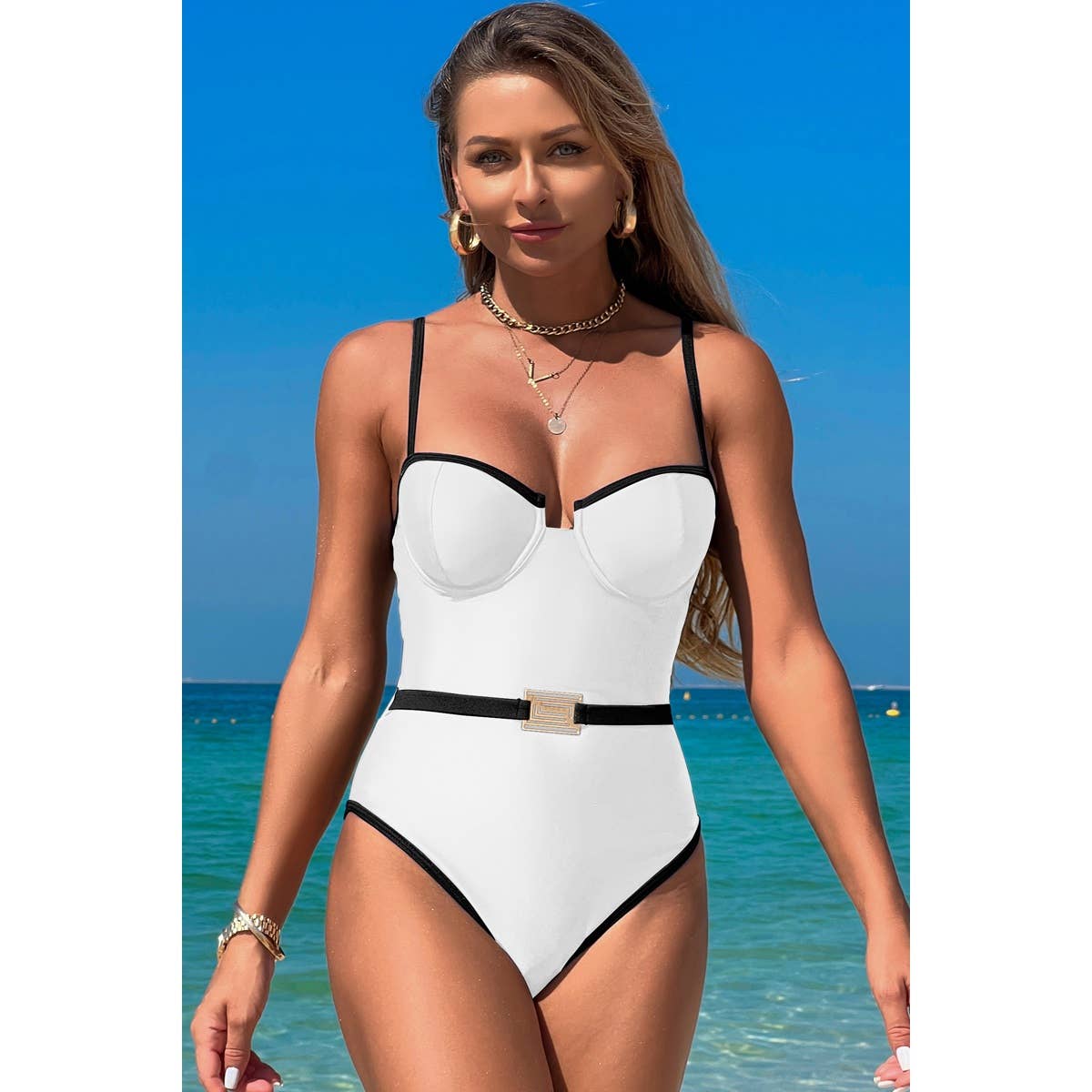 One Piece Metal Buckle Belt High Cut Swimsuit - MVTFASHION.COM