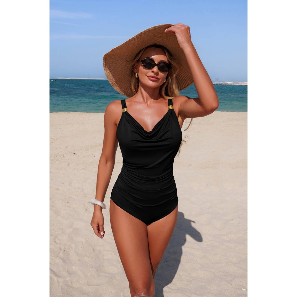 One Piece V Neck Ruched Tummy Control Swimsuit - MVTFASHION.COM