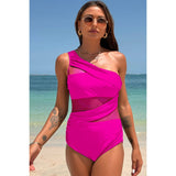 One Shoulder Color Block Cross Lace Solid Swimsuit - MVTFASHION.COM