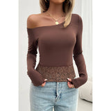 One Shoulder Elastic Solid Fit Lace Hem Top - MVTFASHION.COM