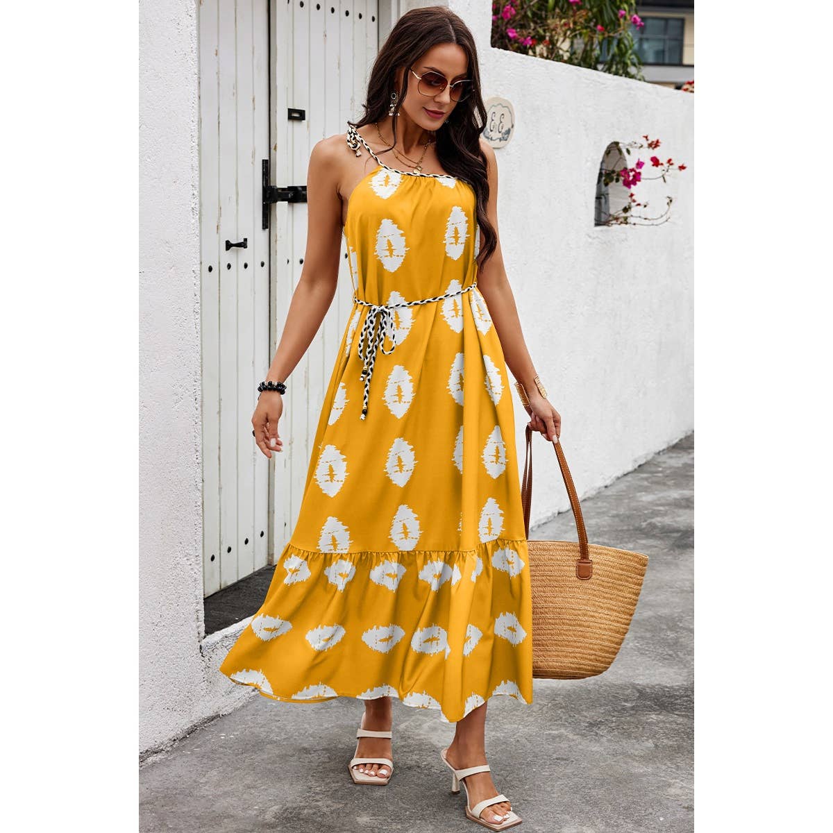 One Shoulder Print Belt Sleeveless Ruffle Dress - MVTFASHION.COM