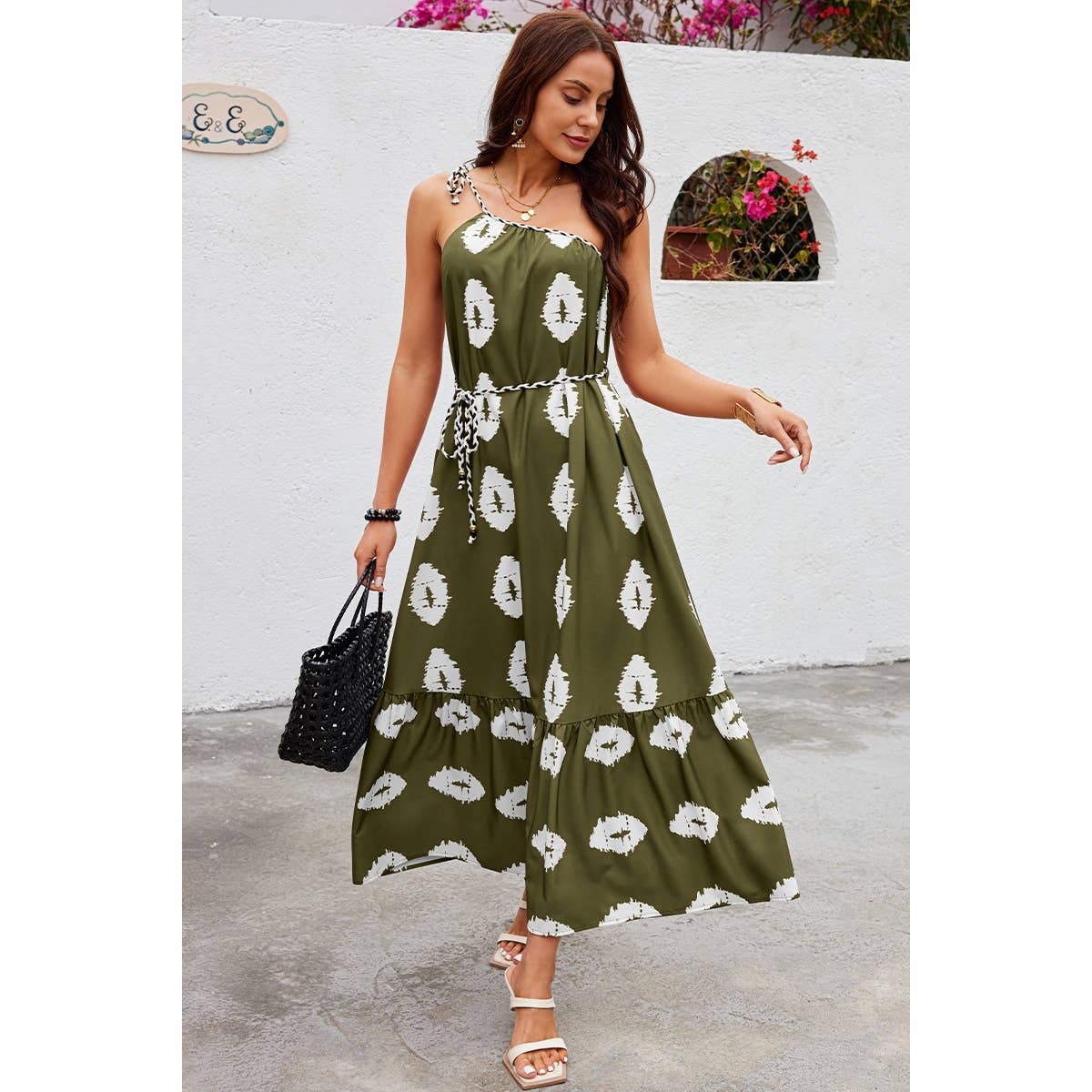 One Shoulder Print Belt Sleeveless Ruffle Dress - MVTFASHION.COM