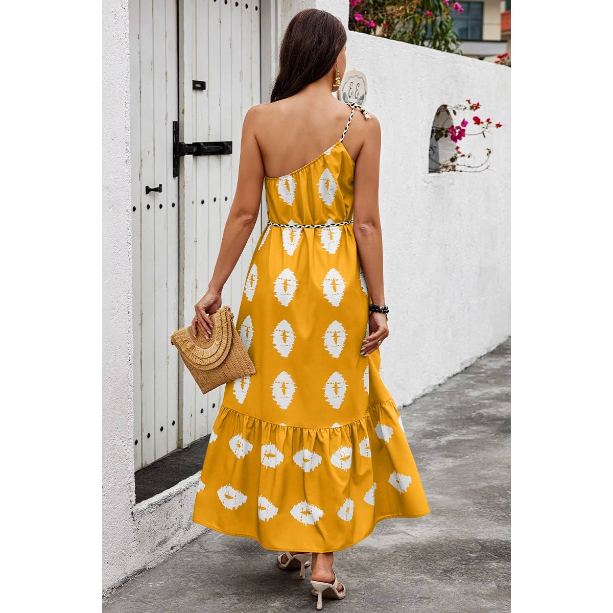 One Shoulder Print Belt Sleeveless Ruffle Dress - MVTFASHION.COM