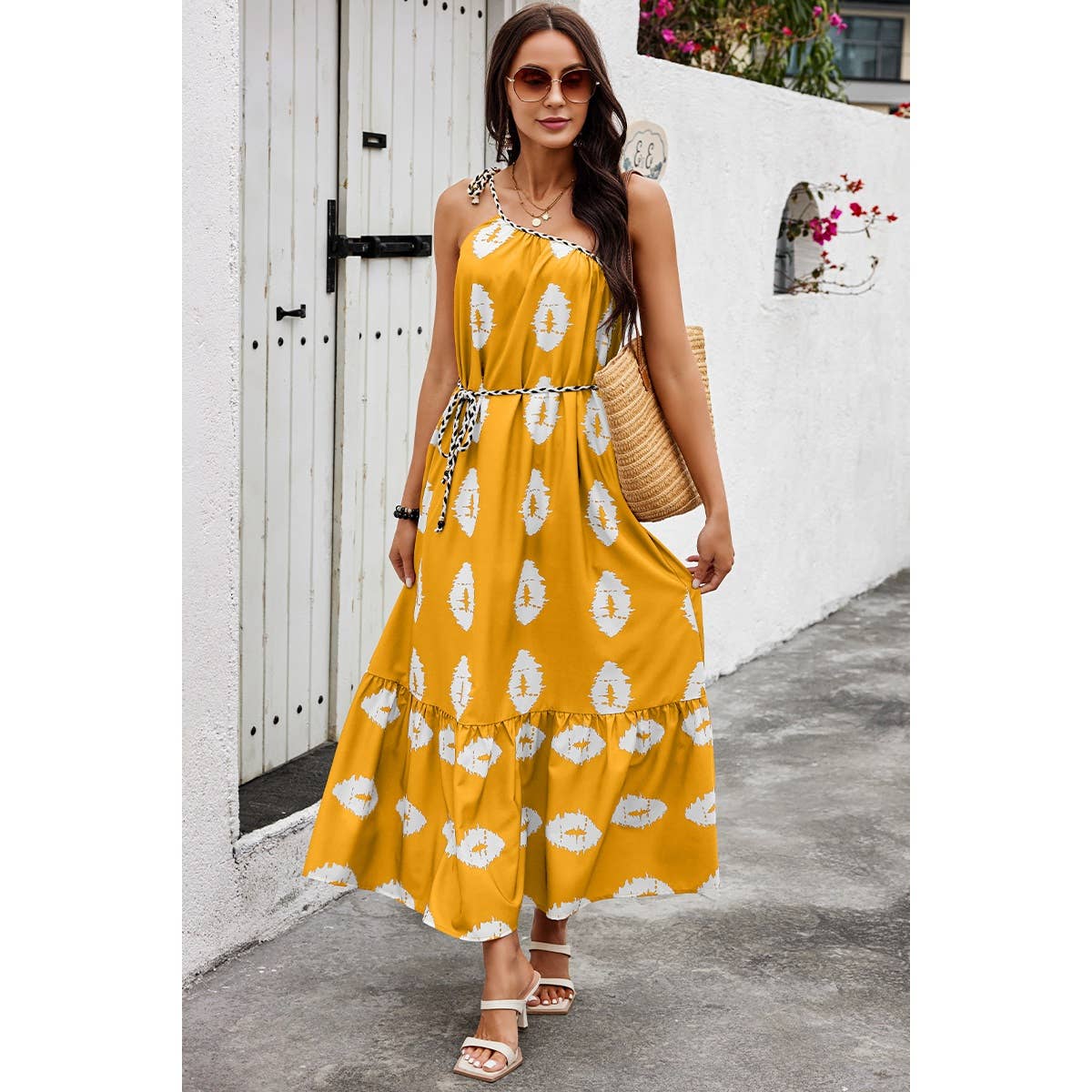 One Shoulder Print Belt Sleeveless Ruffle Dress - MVTFASHION.COM