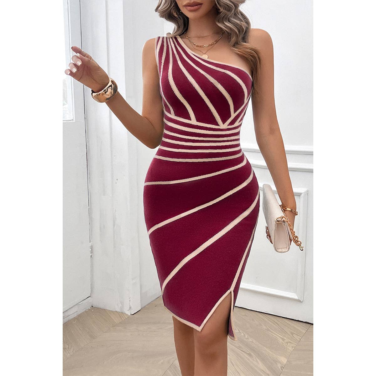 One Shoulder Print Sleeveless Fit Bodycon Dress - MVTFASHION.COM