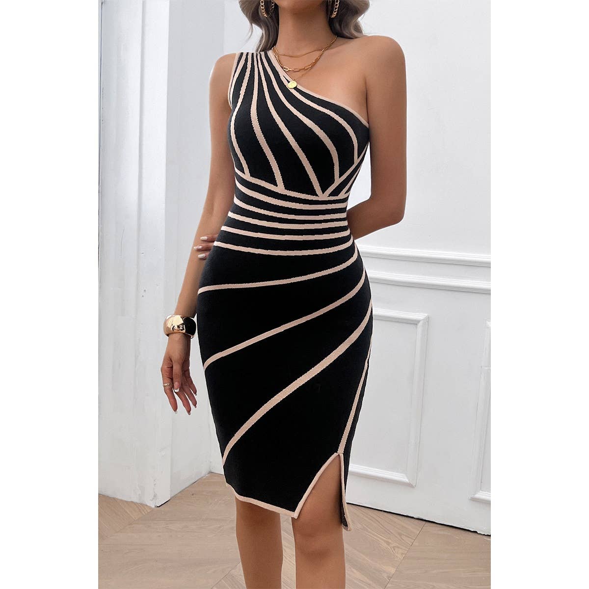 One Shoulder Print Sleeveless Fit Bodycon Dress - MVTFASHION.COM