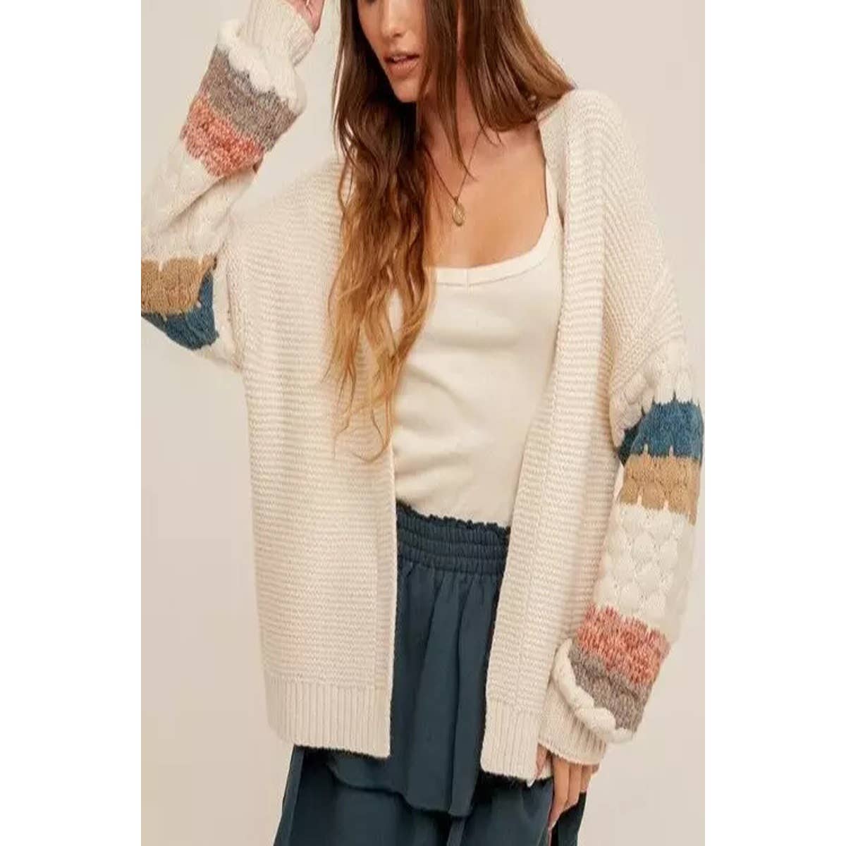 Open Front Crochet Sleeve Stripe Pattern Cardigan - MVTFASHION.COM