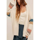 Open Front Crochet Sleeve Stripe Pattern Cardigan - MVTFASHION.COM