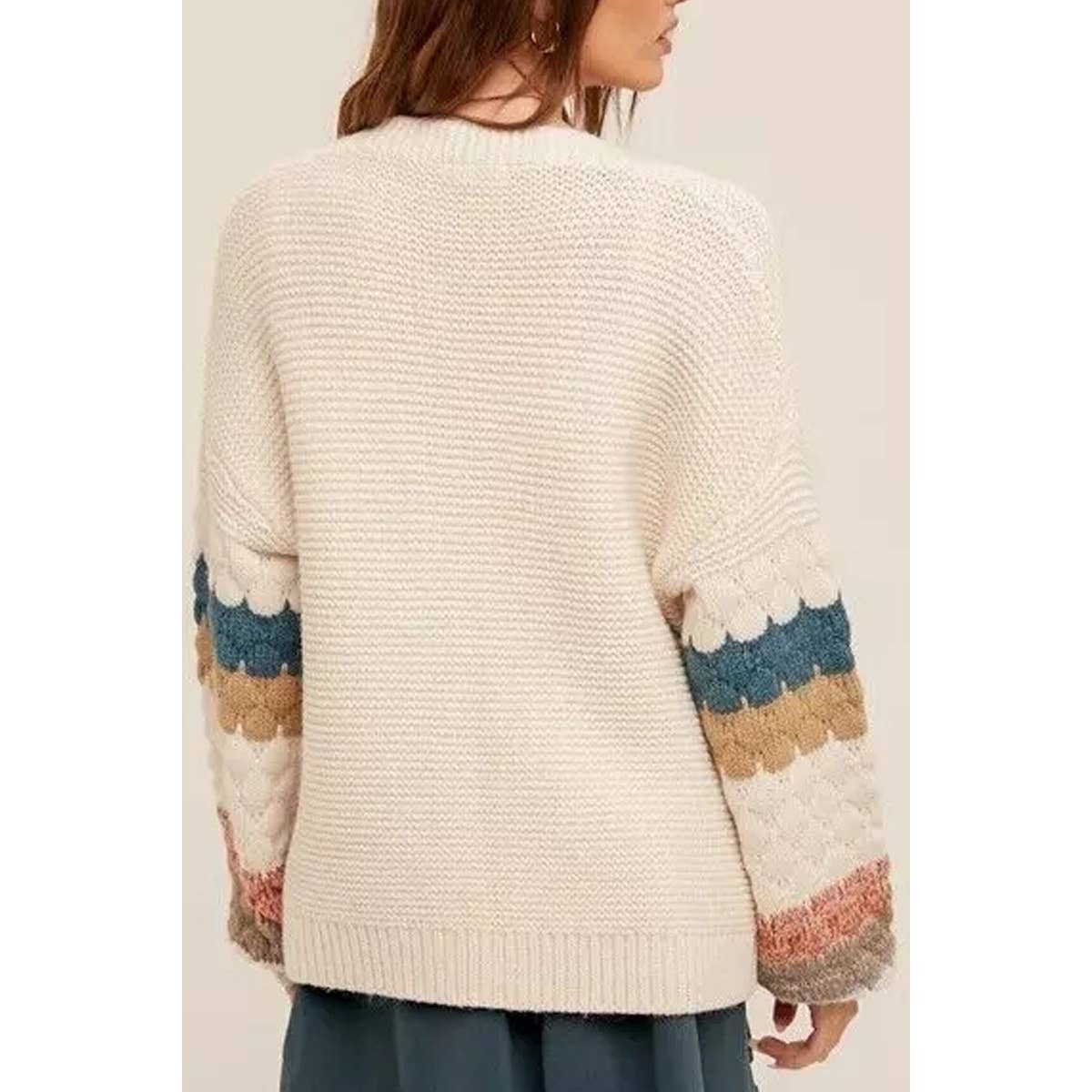 Open Front Crochet Sleeve Stripe Pattern Cardigan - MVTFASHION.COM