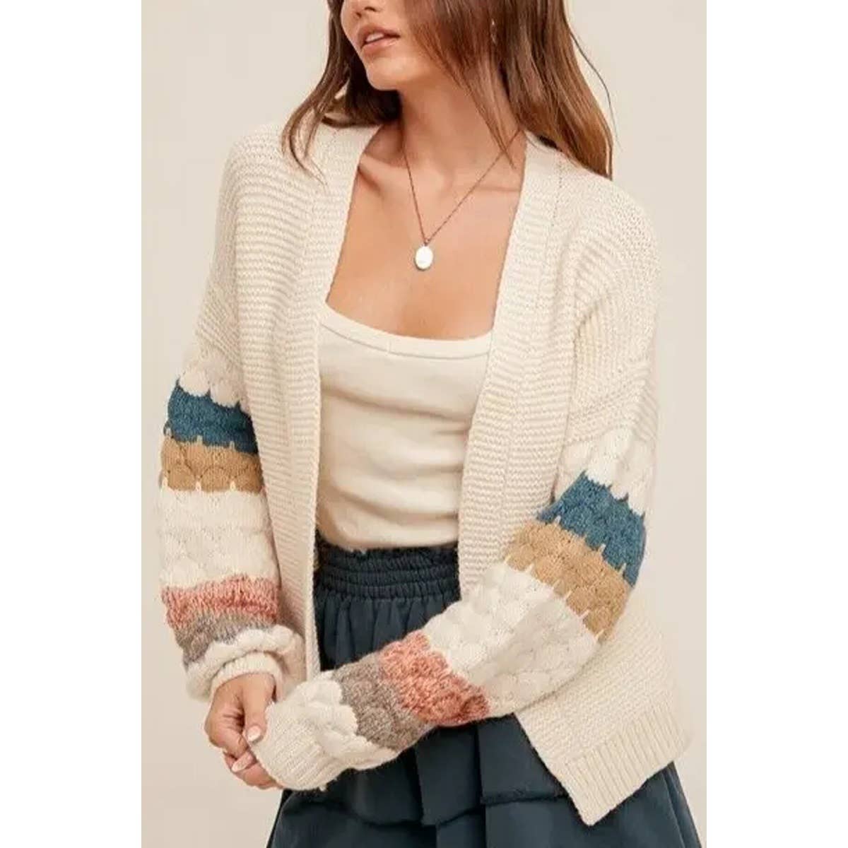 Open Front Crochet Sleeve Stripe Pattern Cardigan - MVTFASHION.COM