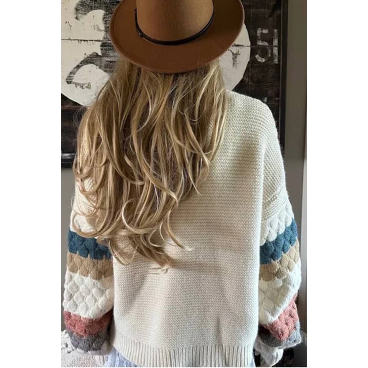 Open Front Crochet Sleeve Stripe Pattern Cardigan - MVTFASHION.COM