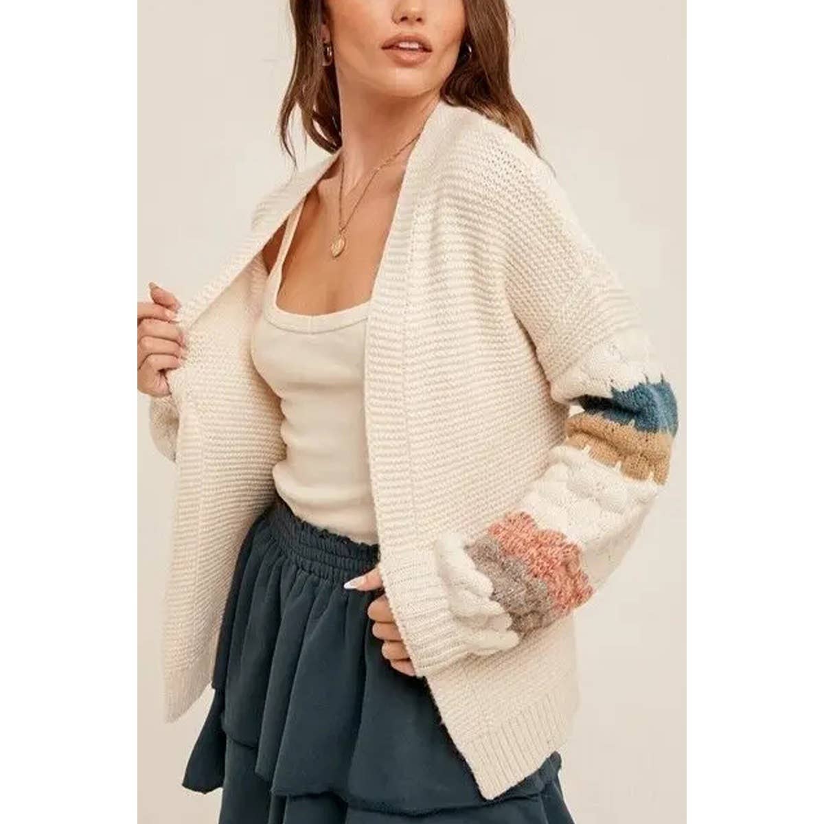 Open Front Crochet Sleeve Stripe Pattern Cardigan - MVTFASHION.COM