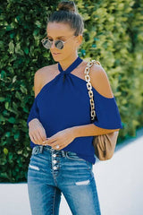 Open Shoulder Short Sleeves Cross Loose Fit Top - MVTFASHION.COM