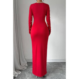 Pearl Solid Bodycon Cutout Long Sleeves Full Dress - MVTFASHION.COM