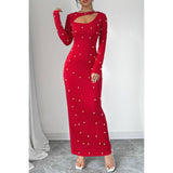 Pearl Solid Bodycon Cutout Long Sleeves Full Dress - MVTFASHION.COM