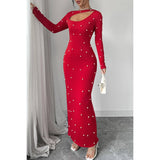 Pearl Solid Bodycon Cutout Long Sleeves Full Dress - MVTFASHION.COM