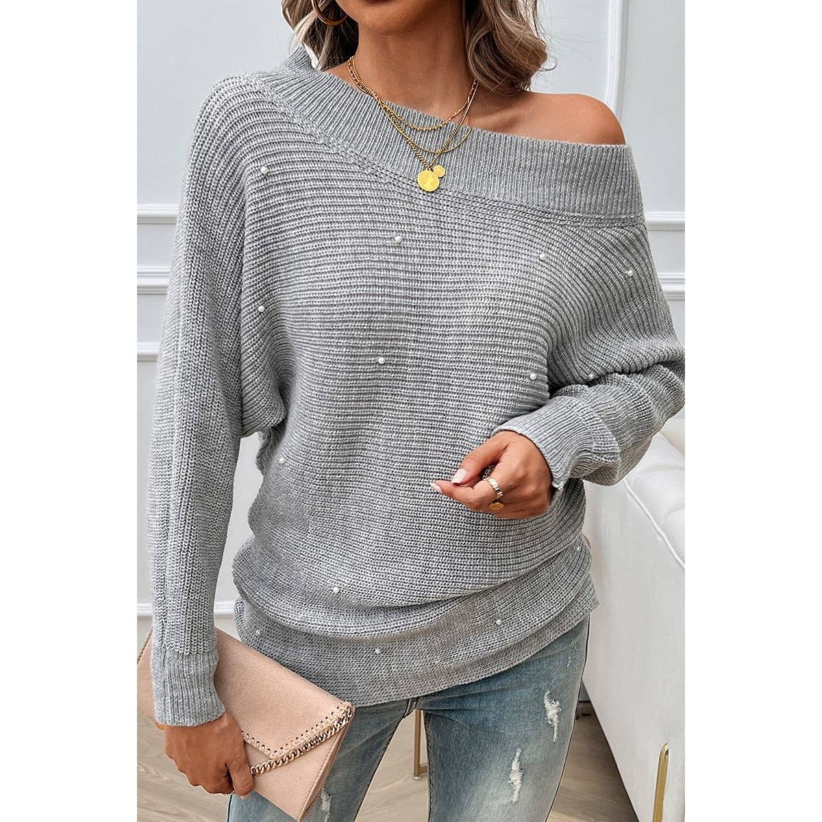 Pearl Trim Off Shoulder Knit Solid Loose Sweater - MVTFASHION.COM