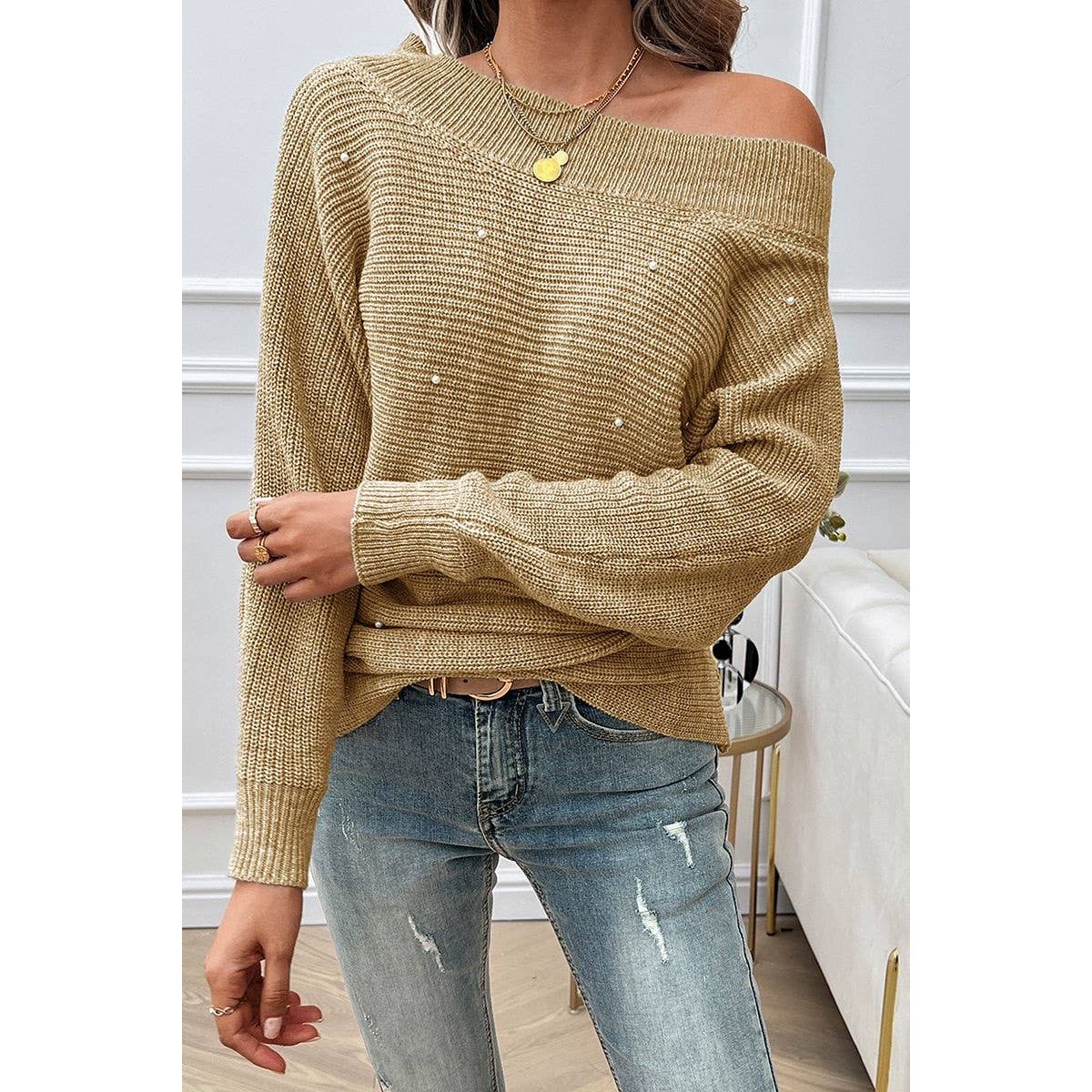 Pearl Trim Off Shoulder Knit Solid Loose Sweater - MVTFASHION.COM