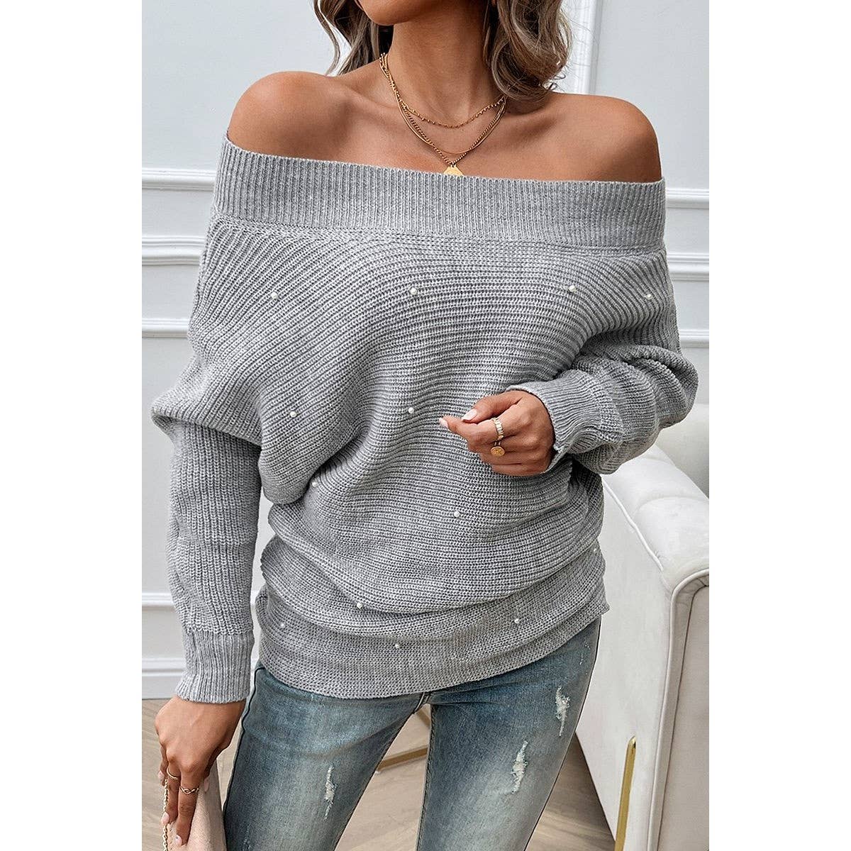 Pearl Trim Off Shoulder Knit Solid Loose Sweater - MVTFASHION.COM