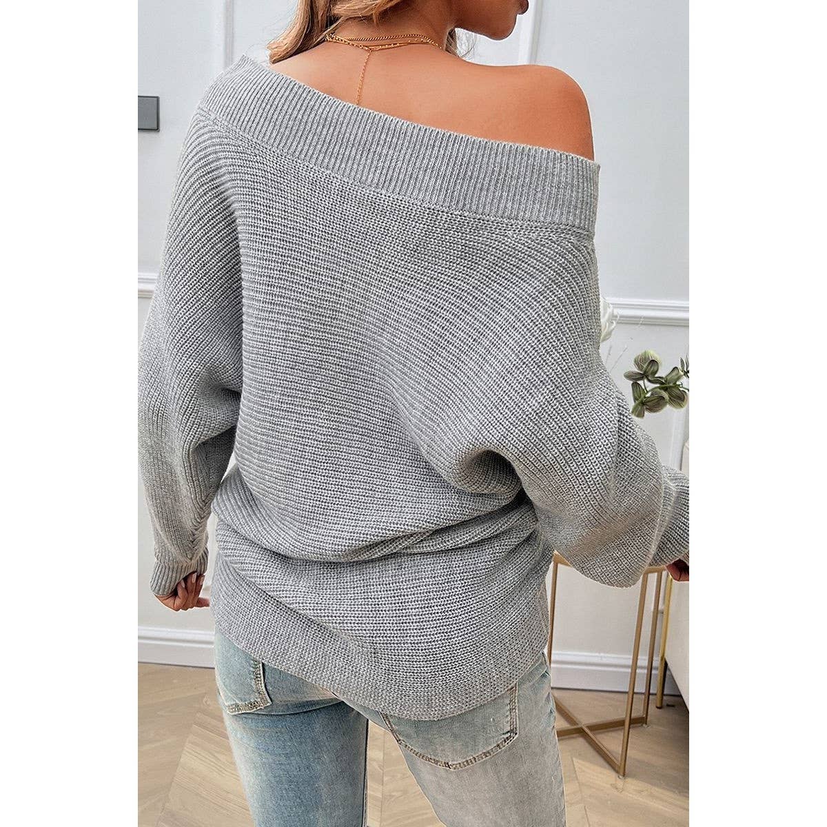 Pearl Trim Off Shoulder Knit Solid Loose Sweater - MVTFASHION.COM