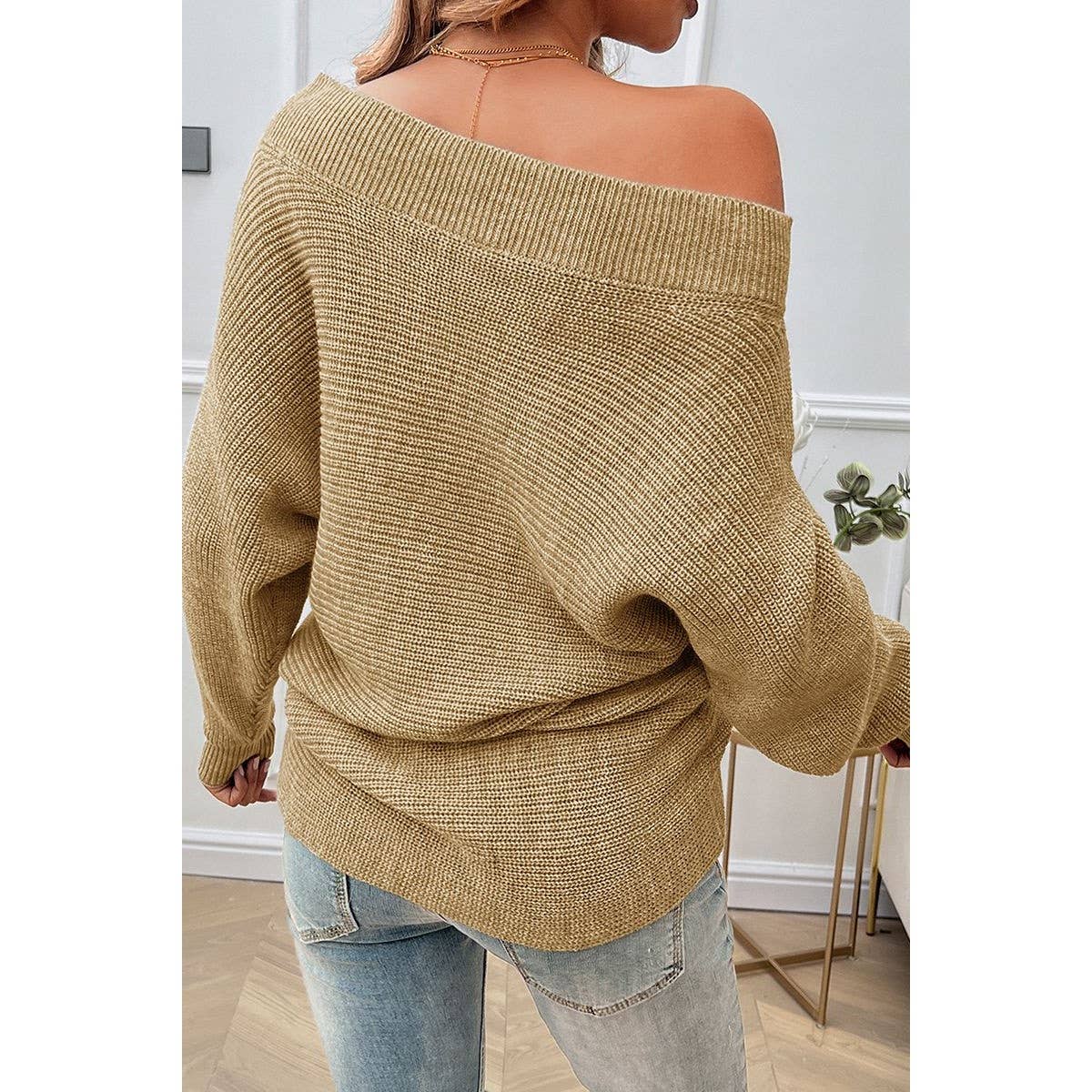 Pearl Trim Off Shoulder Knit Solid Loose Sweater - MVTFASHION.COM