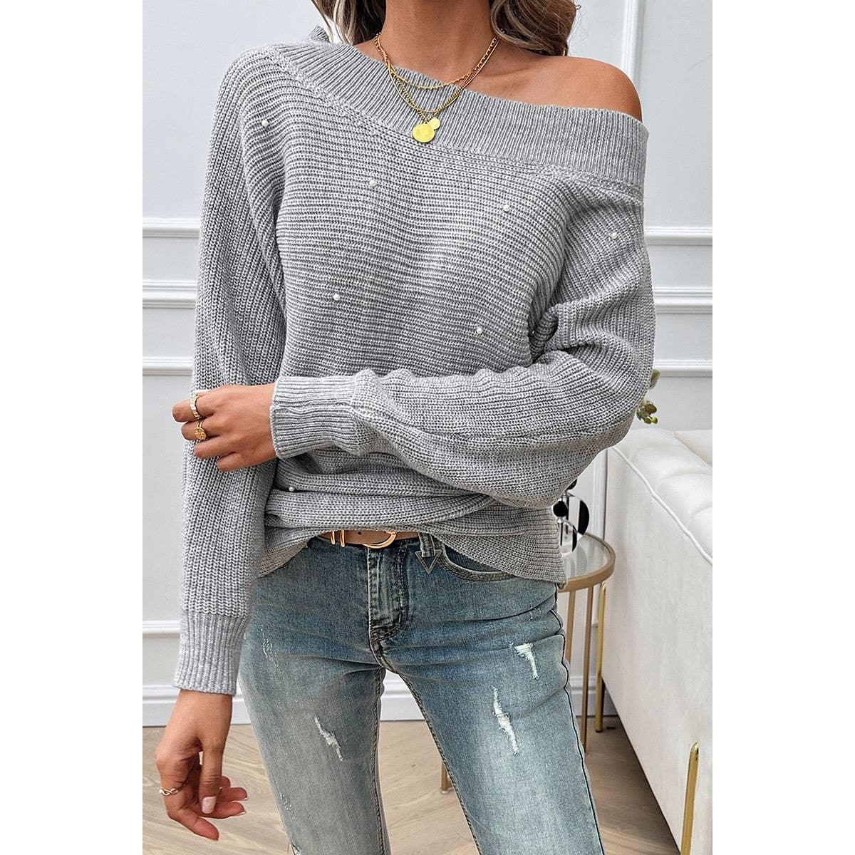 Pearl Trim Off Shoulder Knit Solid Loose Sweater - MVTFASHION.COM