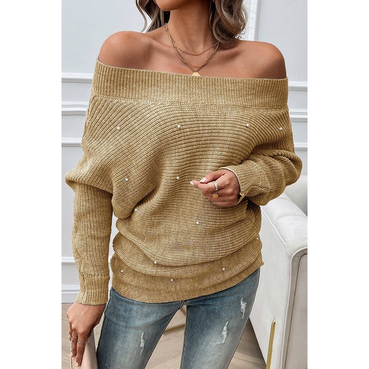 Pearl Trim Off Shoulder Knit Solid Loose Sweater - MVTFASHION.COM