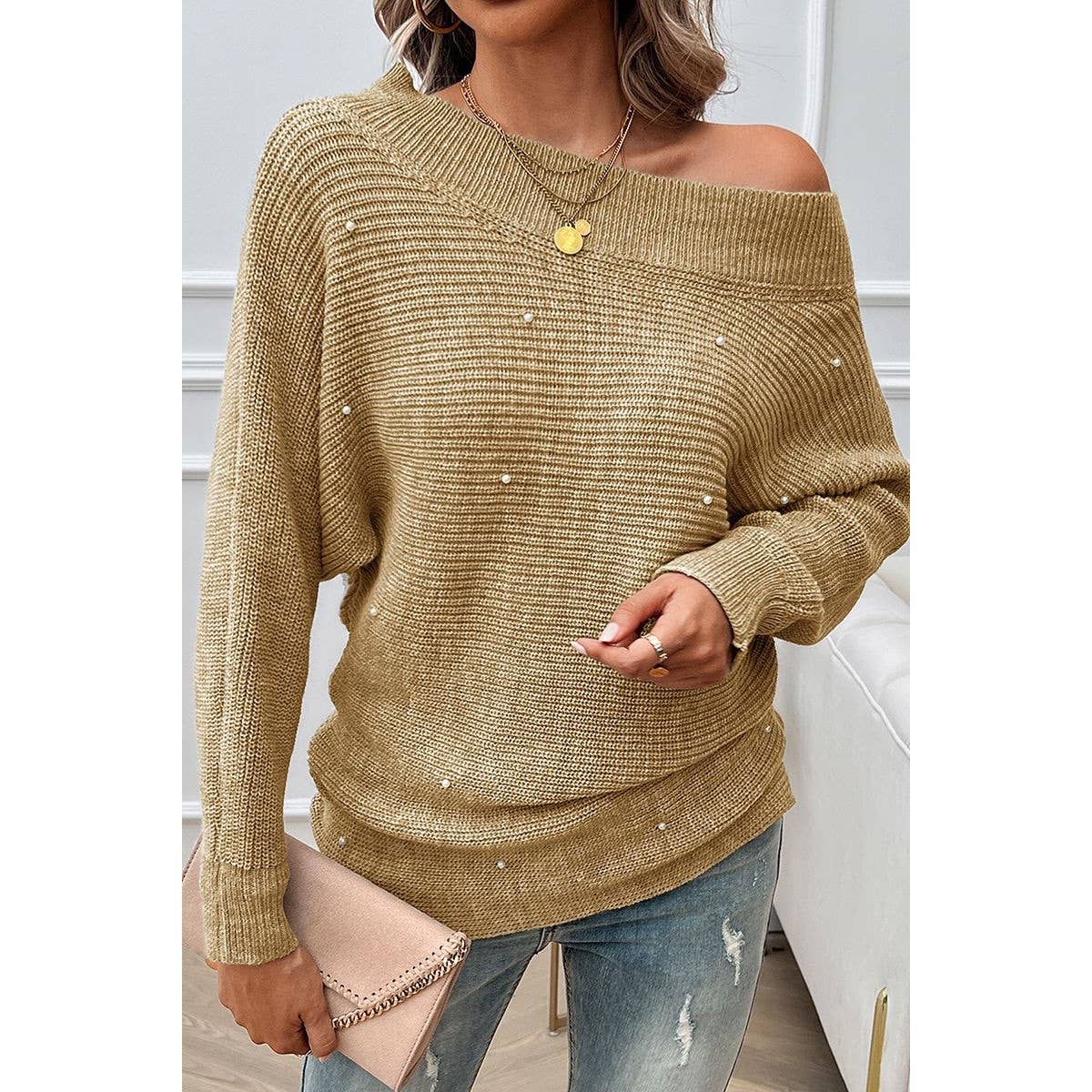 Pearl Trim Off Shoulder Knit Solid Loose Sweater - MVTFASHION.COM