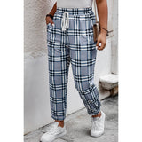 Plaid Print Elastic Waist Fit Pockets Pant - MVTFASHION.COM