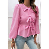 Plaid Puff Sleeves Bow Tie Front Ruffle Top - MVTFASHION.COM