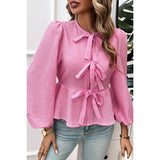 Plaid Puff Sleeves Bow Tie Front Ruffle Top - MVTFASHION.COM