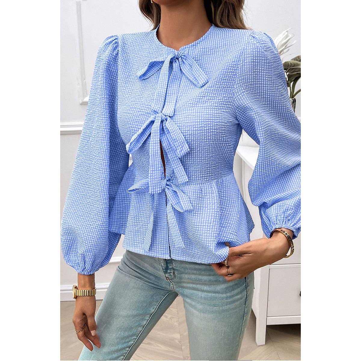 Plaid Puff Sleeves Bow Tie Front Ruffle Top - MVTFASHION.COM