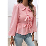 Plaid Puff Sleeves Bow Tie Front Ruffle Top - MVTFASHION.COM