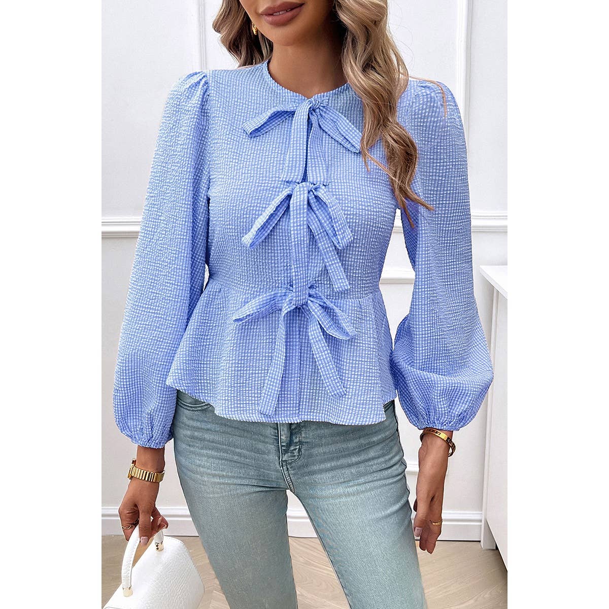 Plaid Puff Sleeves Bow Tie Front Ruffle Top - MVTFASHION.COM