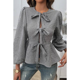 Plaid Puff Sleeves Bow Tie Front Ruffle Top - MVTFASHION.COM