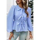 Plaid Puff Sleeves Bow Tie Front Ruffle Top - MVTFASHION.COM