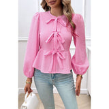 Plaid Puff Sleeves Bow Tie Front Ruffle Top - MVTFASHION.COM