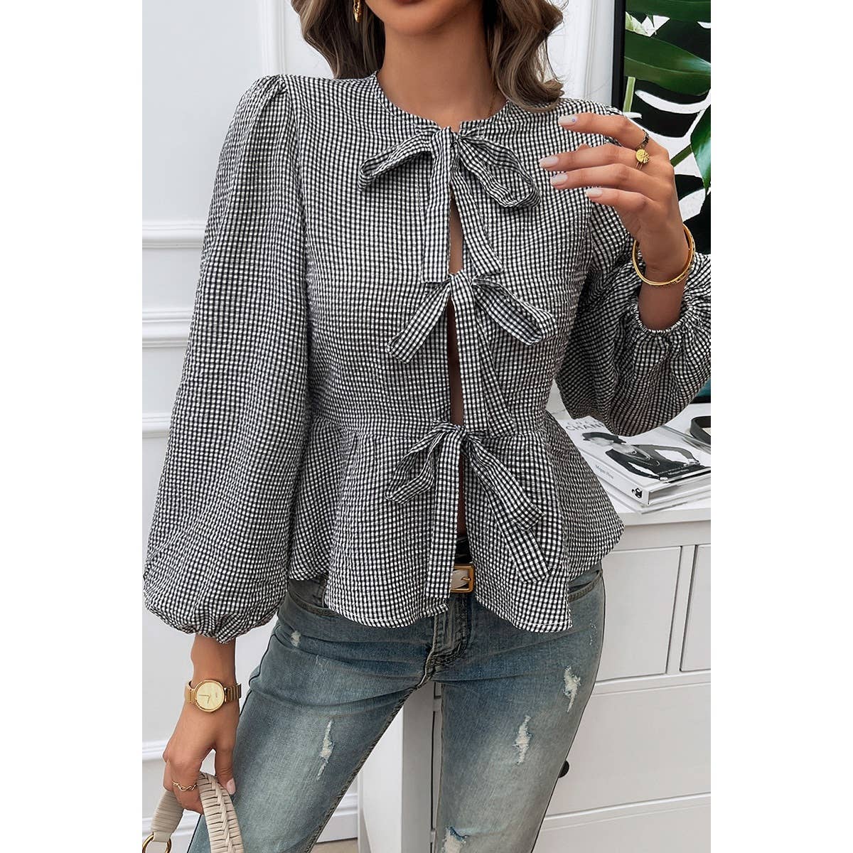 Plaid Puff Sleeves Bow Tie Front Ruffle Top - MVTFASHION.COM