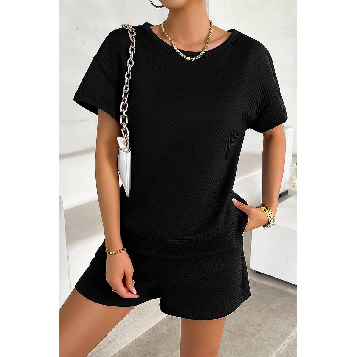 Pleased Round Neck Wide Sleeves Solid Shorts Set - MVTFASHION.COM