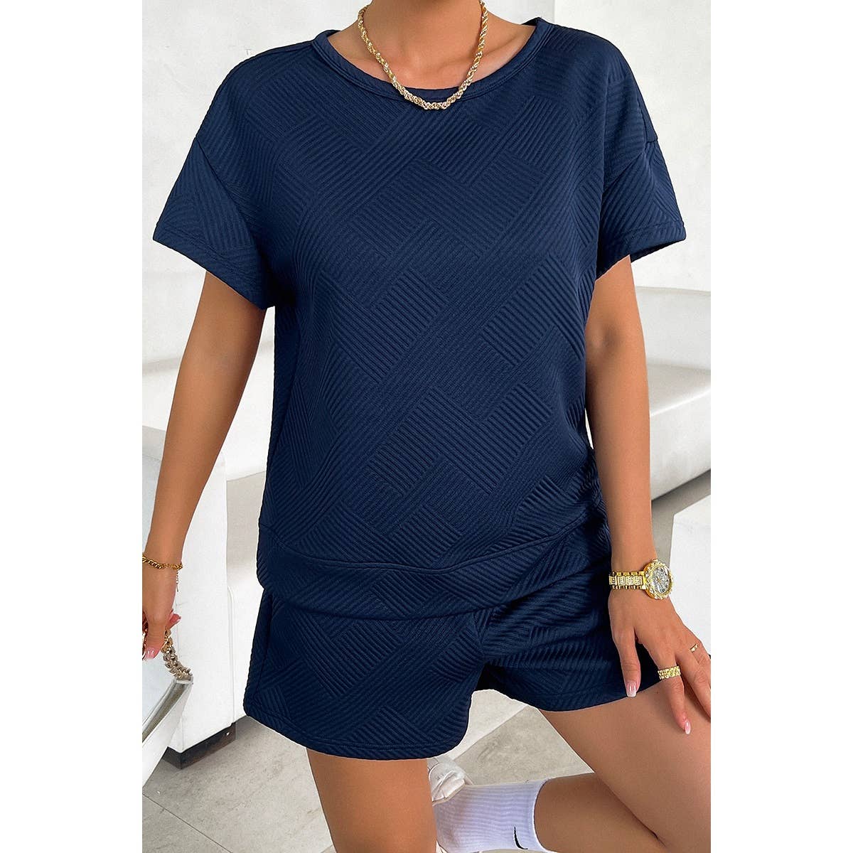 Pleased Round Neck Wide Sleeves Solid Shorts Set - MVTFASHION.COM