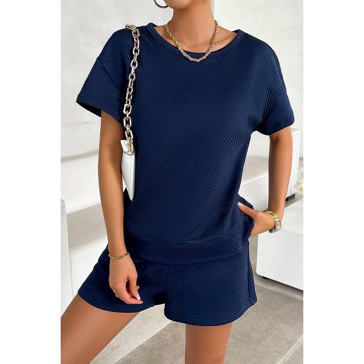 Pleased Round Neck Wide Sleeves Solid Shorts Set - MVTFASHION.COM