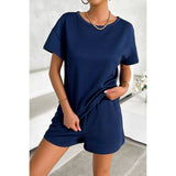 Pleased Round Neck Wide Sleeves Solid Shorts Set - MVTFASHION.COM