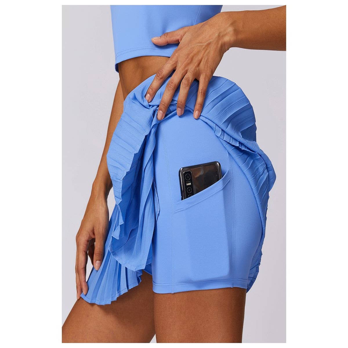 Pleated Solid Wide Waistband Sports Pocket Skirt - MVTFASHION.COM