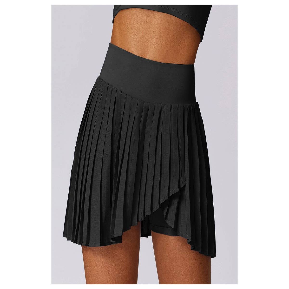 Pleated Solid Wide Waistband Sports Pocket Skirt - MVTFASHION.COM