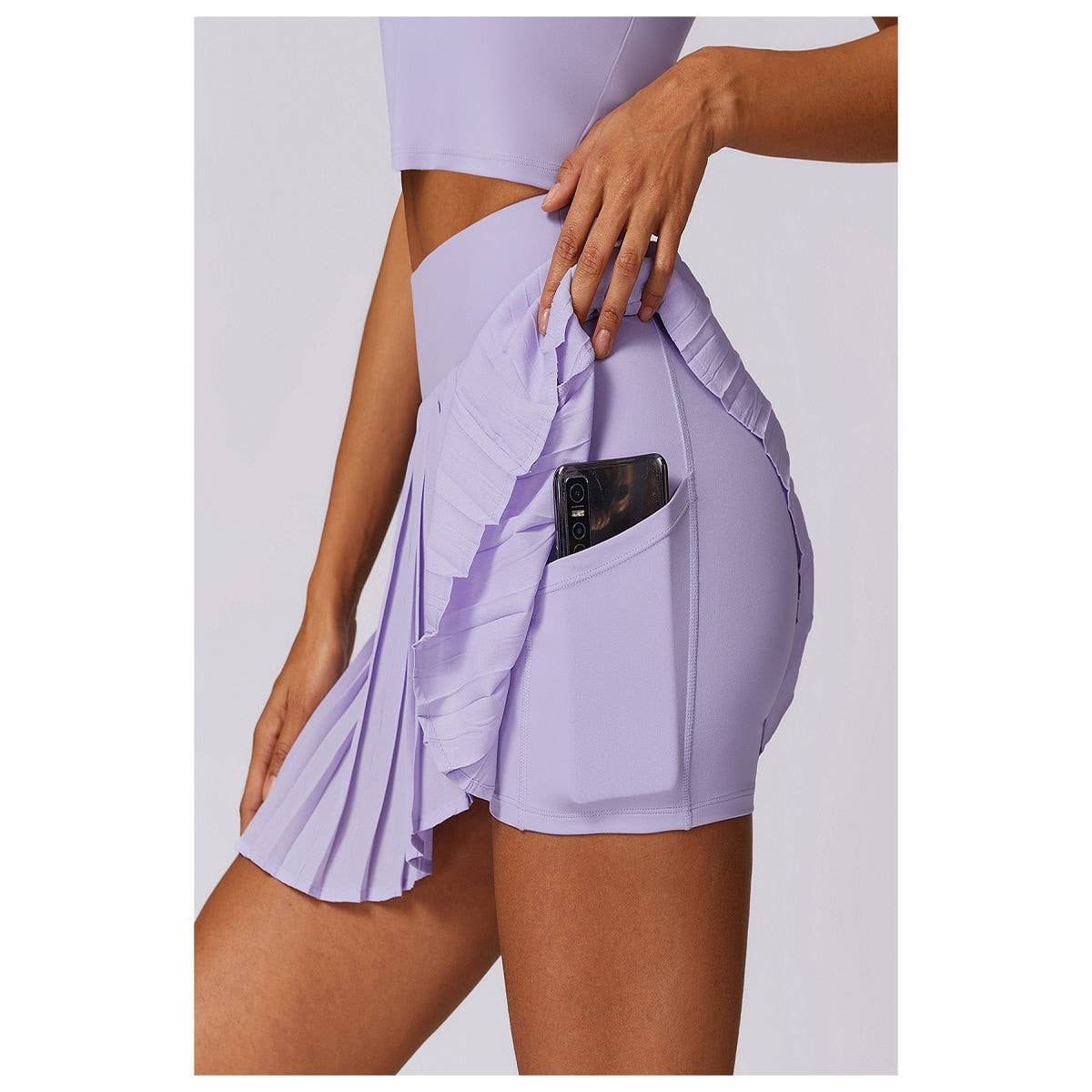 Pleated Solid Wide Waistband Sports Pocket Skirt - MVTFASHION.COM