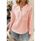 Pleated V Neck Pockets Button Drop Shoulder Blouse - MVTFASHION.COM