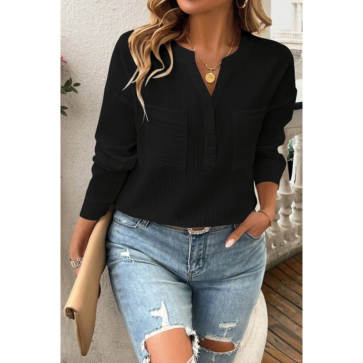 Pleated V Neck Pockets Button Drop Shoulder Blouse - MVTFASHION.COM