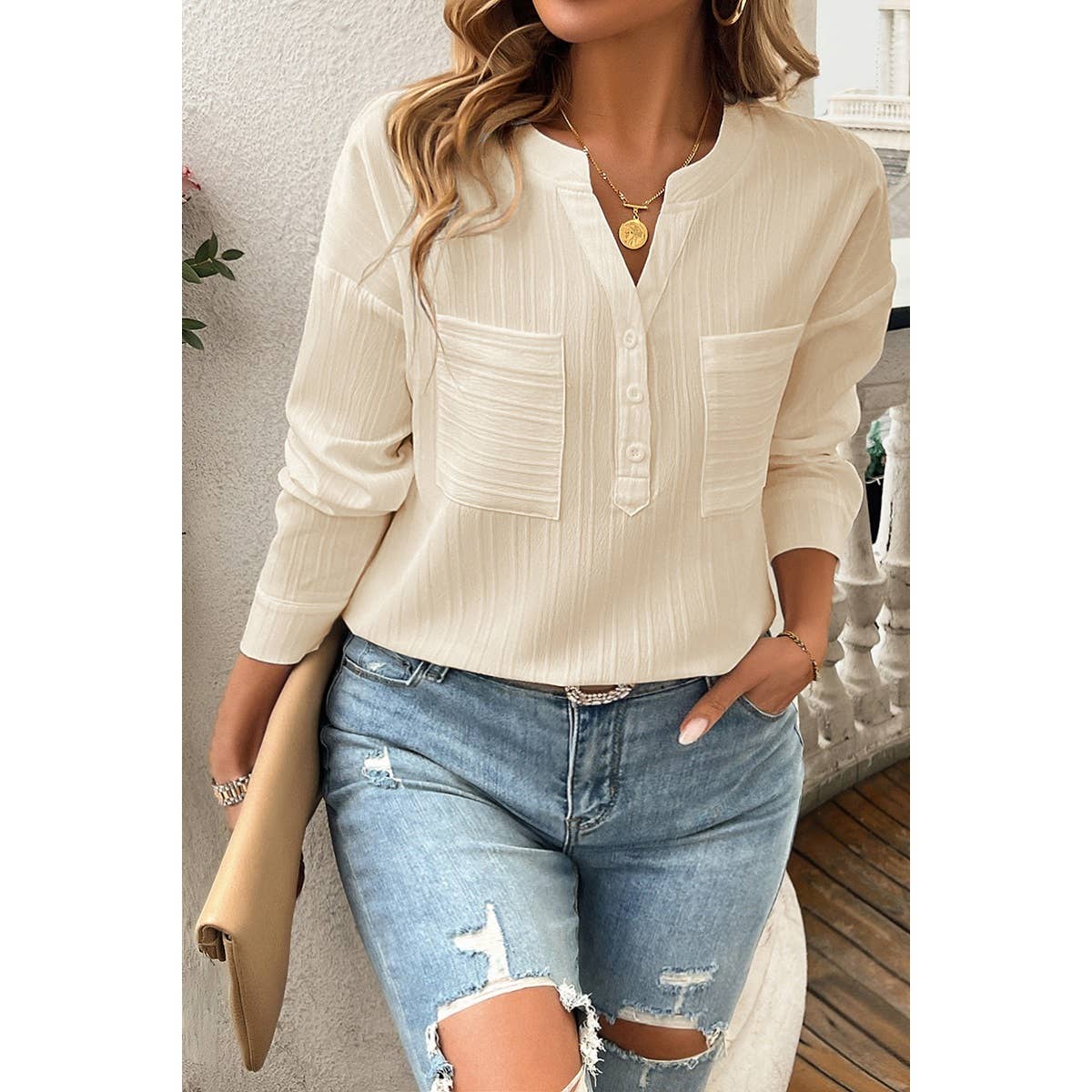 Pleated V Neck Pockets Button Drop Shoulder Blouse - MVTFASHION.COM