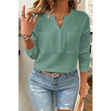 Pleated V Neck Pockets Button Drop Shoulder Blouse - MVTFASHION.COM