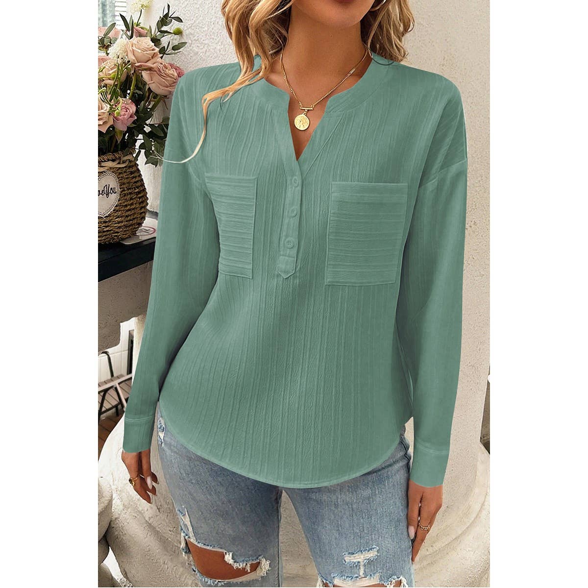 Pleated V Neck Pockets Button Drop Shoulder Blouse - MVTFASHION.COM